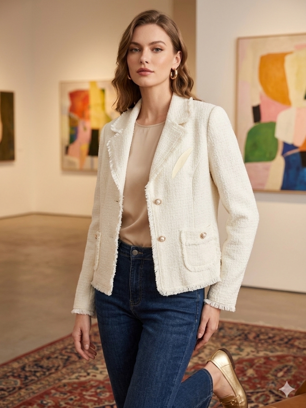 Classic Ivory Tweed Blazer Jacket - Women